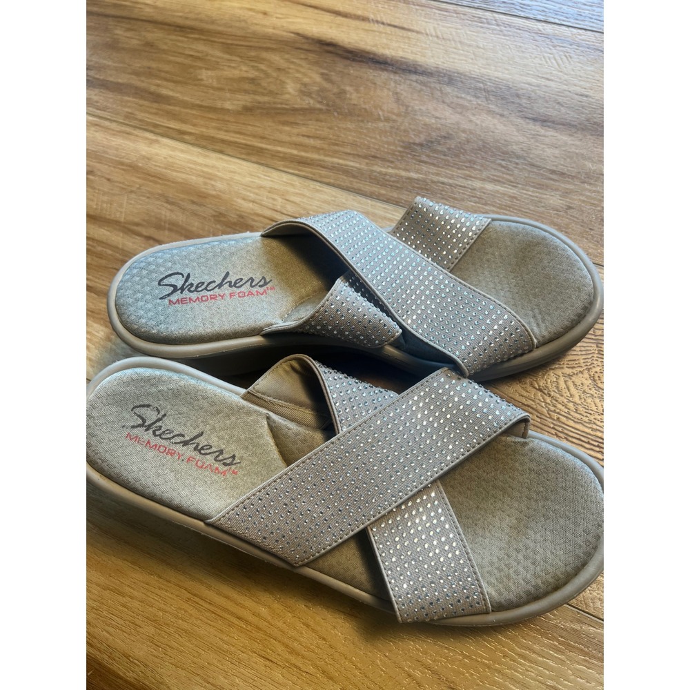 Skechers 8 Wedge Sandals Sparkly Rhinestone Taupe Rumblers Solar Burst 38478